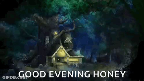 House In Forest Saying Good Evening Honey GIF