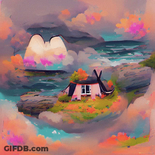 House In Landscape Painting GIF