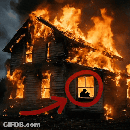 House On Fire With Red Arrow GIF