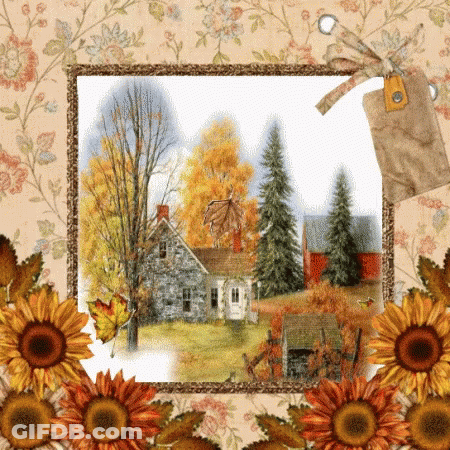House Surrounded By Trees And Sunflowers In Frame GIF