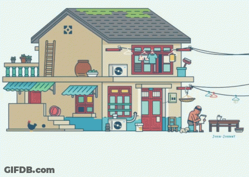 House With Man Sitting At Table And Name John GIF