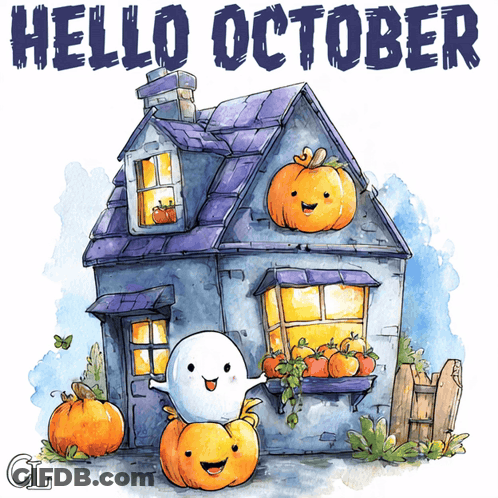 House With Pumpkins And Ghost Saying Hello October GIF
