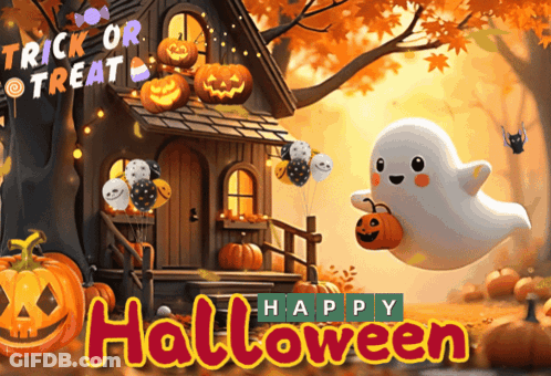 House With Pumpkins And Ghost Saying Trick Or Treat GIF