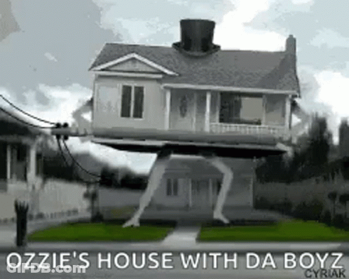 House With Top Hat On Concrete Slab GIF