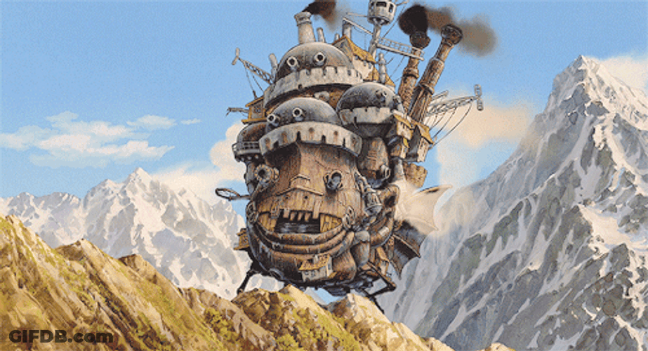 Howl's Moving Castle Flying Over Mountains GIF