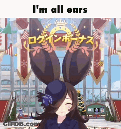 Huge-Eared Cartoon Girl Smiling At Christmas Tree GIF