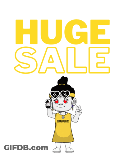 Huge Sale Sign With Cartoon Girl Holding Cell Phone GIF