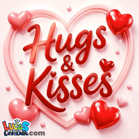 Hugs And Kisses Is Written In Red On A Pink Background GIF