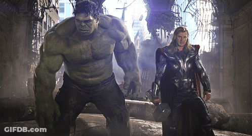 Hulk And Thor Standing In Ruined Building GIF