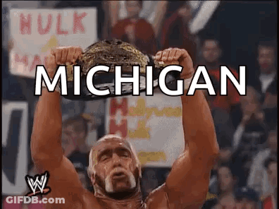 Hulk Hogan Is Holding A World Heavyweight Wrestling Championship Belt Over His Head . GIF