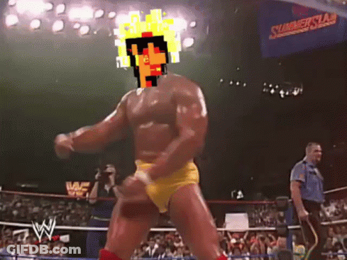 Hulk Hogan Is Standing In A Wrestling Ring With A Video Game Character On His Head GIF
