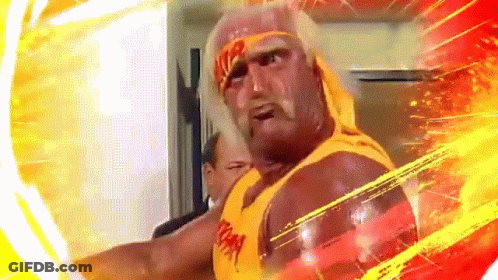 Hulk Hogan Is Wearing A Yellow Tank Top And A Bandana With The Word Storm On It GIF