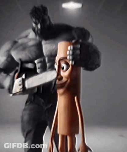 Hulk Holding Chainsaw Beside Cartoon Sausage GIF