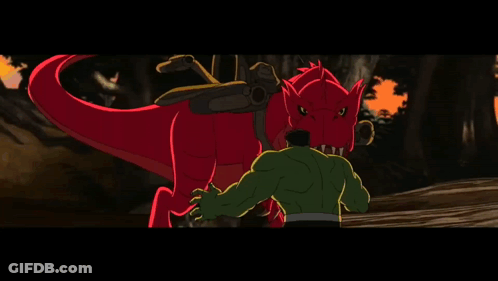 Hulk Standing Next To Red Dinosaur GIF