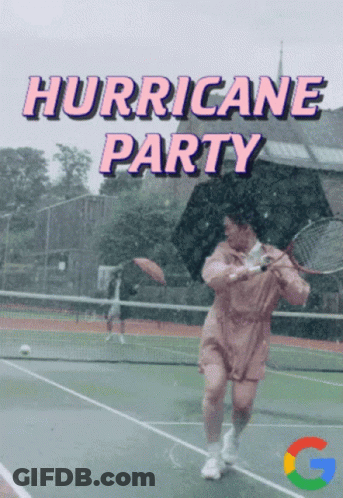 Hurricane Party Poster Woman With Tennis Racquet And Umbrella GIF