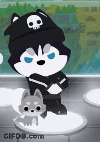 Husky In Black Hat With Skull Next To Smaller Husky GIF