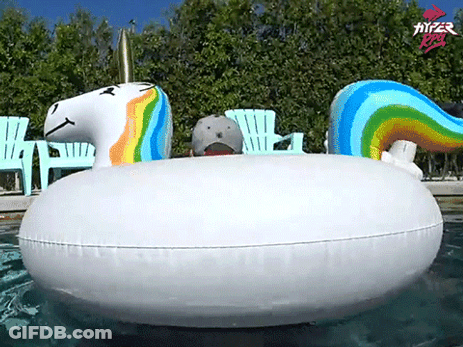 Hyper Man In Swimming Pool With Inflatable Unicorn GIF