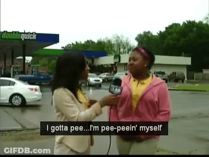 I Gotta Pee Woman Being Interviewed GIF