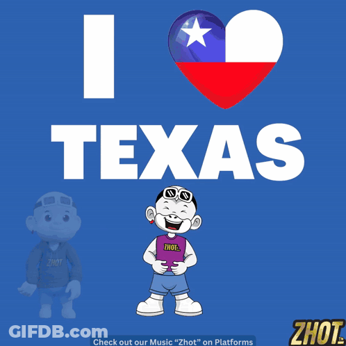 I Love Texas Poster With Heart And Cartoon Character GIF