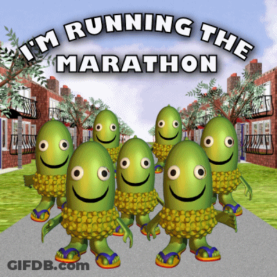I'm Running The Marathon Poster With Green Cartoon Characters GIF