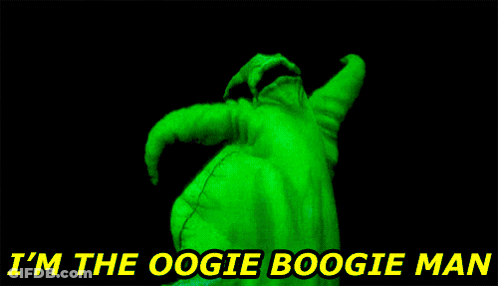I 'M The Oogie Boogie Man Is Written Above A Green Turtle GIF