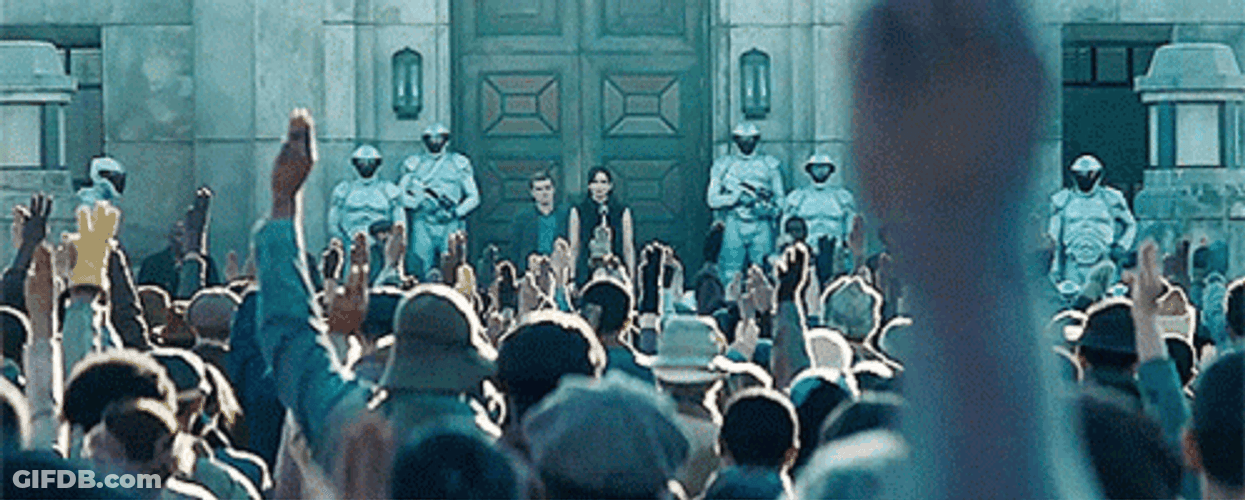 I Volunteer As Tribute Salute Crowd Hunger Games GIF