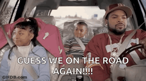 Ice Cube Is Driving A Car With Two Children And Says Guess We On The Road Again . GIF