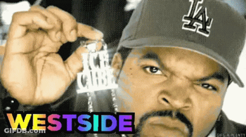 Ice Cube Is Wearing A La Dodgers Hat And Holding A Pendant That Says Westside GIF