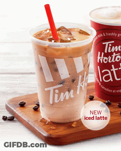 Iced Latte Cup On Wooden Cutting Board GIF