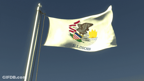 Illinois Flag Flying In Wind Against Blue Sky GIF