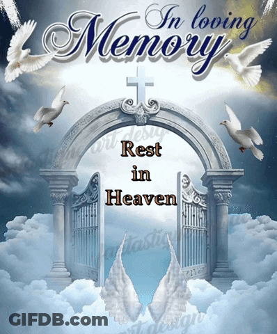 In Loving Memory Rest In Heaven Is Written Above A Gate GIF