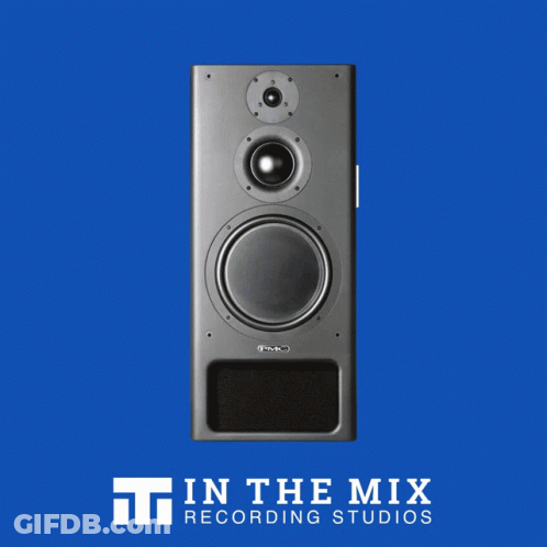 In The Mix Recording Studios Ad With Speaker On Blue Background GIF