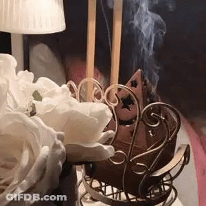 Incense Burner Smoking Beside Lamp And Flowers GIF