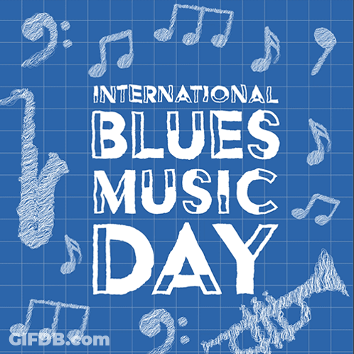 International Blues Music Day Poster With Saxophone And Music Notes GIF