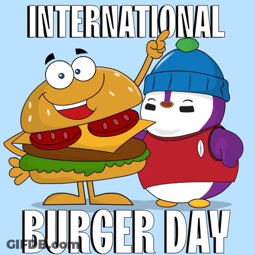 International Burger Day Poster With Cartoon Penguin And Hamburger GIF