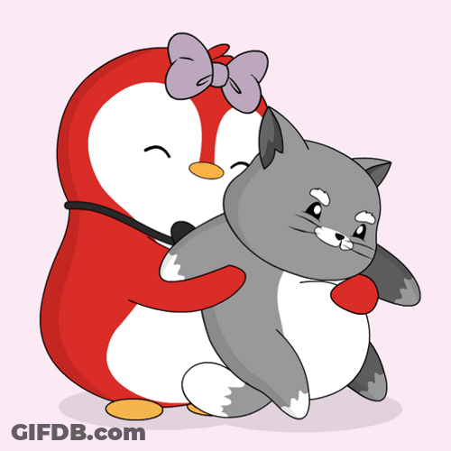 International Cat Day Pudgy Penguin Hugging Feline GIF