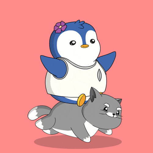 International Cat Day Pudgy Penguin Riding Feline GIF