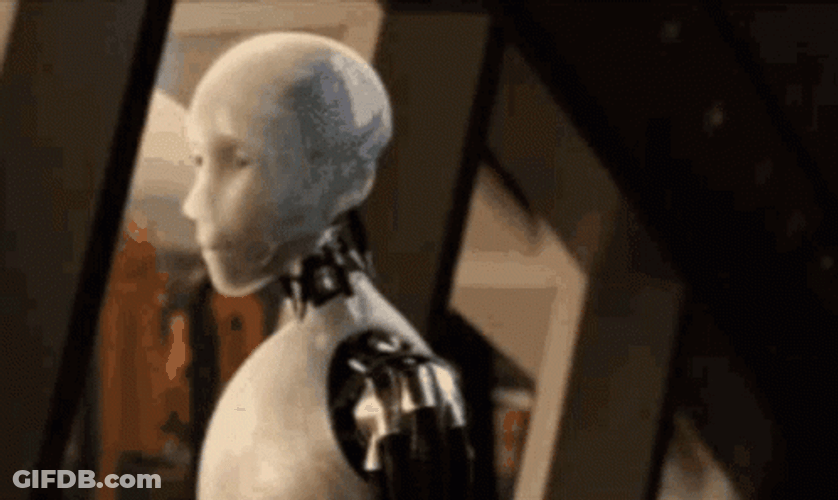 Irobot With Shaved Eyebrows Saying No GIF