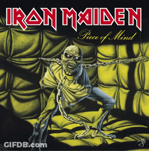 Iron Maiden 'S Piece Of Mind Album Cover Shows A Zombie Chained To A Couch GIF