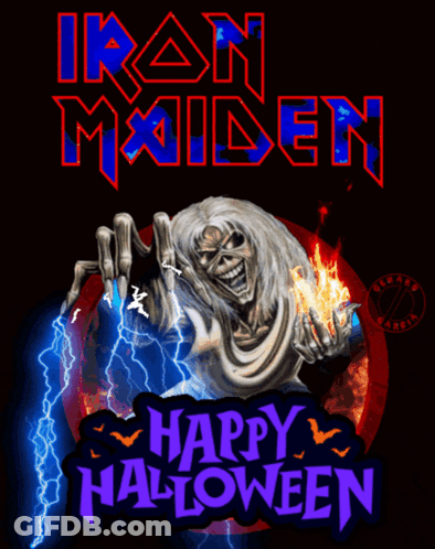 Iron Maiden Wishes You A Happy Halloween With A Picture Of A Skeleton GIF