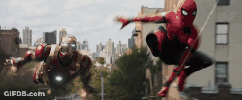 Iron Man And Spider-Man Are Flying Through The Air In A City GIF