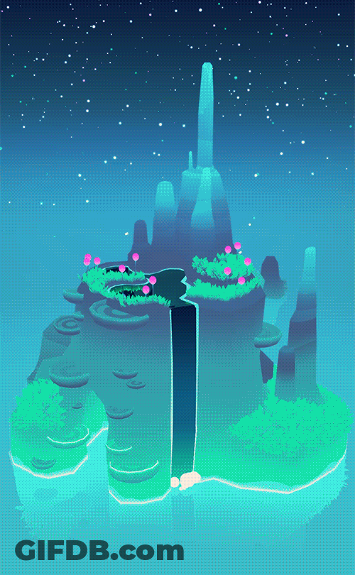 Island With Waterfall Under Starry Night Sky GIF