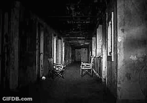It Is A Black And White Photo Of A Long Hallway With Chairs . GIF