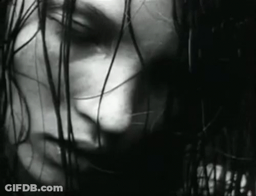 It Is A Black And White Photo Of A Woman 'S Face With Long Hair . GIF