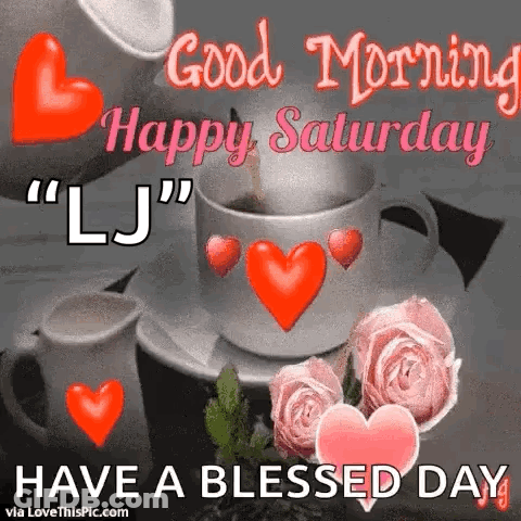 It Is A Good Morning Happy Saturday Greeting Card With A Cup Of Coffee And Roses . GIF