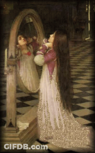 It Is A Painting Of A Woman Looking At Herself In A Mirror . GIF