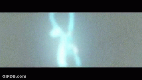 It Looks Like A Painting Of A Person Standing In A Room With Purple Lights Coming Out Of It . GIF