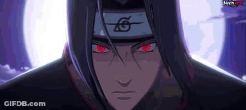 Itachi Uchiha From Naruto Has Red Eyes And A Headband With A Symbol On It GIF