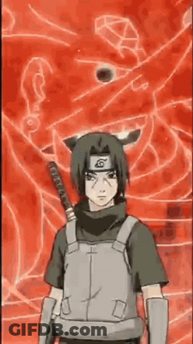 Itachi Uchiha From Naruto Is Standing In Front Of A Red Background With A Sword In His Hand . GIF