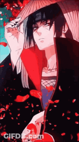 Itachi Uchiha From The Anime Naruto Is Wearing A Hat And Holding A Flower . GIF